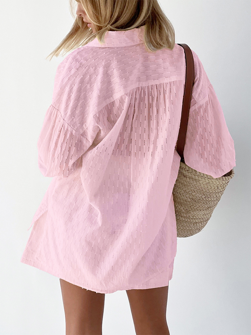 Women's Pant Suits Set Jacquard Puff Sleeve Summer Elegant Top_voghion.com