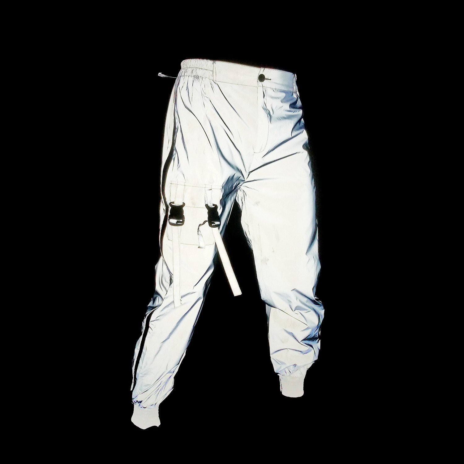 Herrenbekleidung Hip-Hop-Funktions-Reflektor-Overalls für Herren, lässige Skinny-Hose mit seitlichem Reißverschluss und mehreren Taschen, Reflektorhose_voghion.com