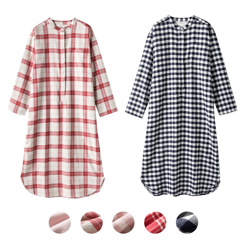 MUJI Japanese Good Flannel Nightgown Long Sleeve Pajamas Brushed Cotton Indian Style Dress Autumn and Winter Home Clothes