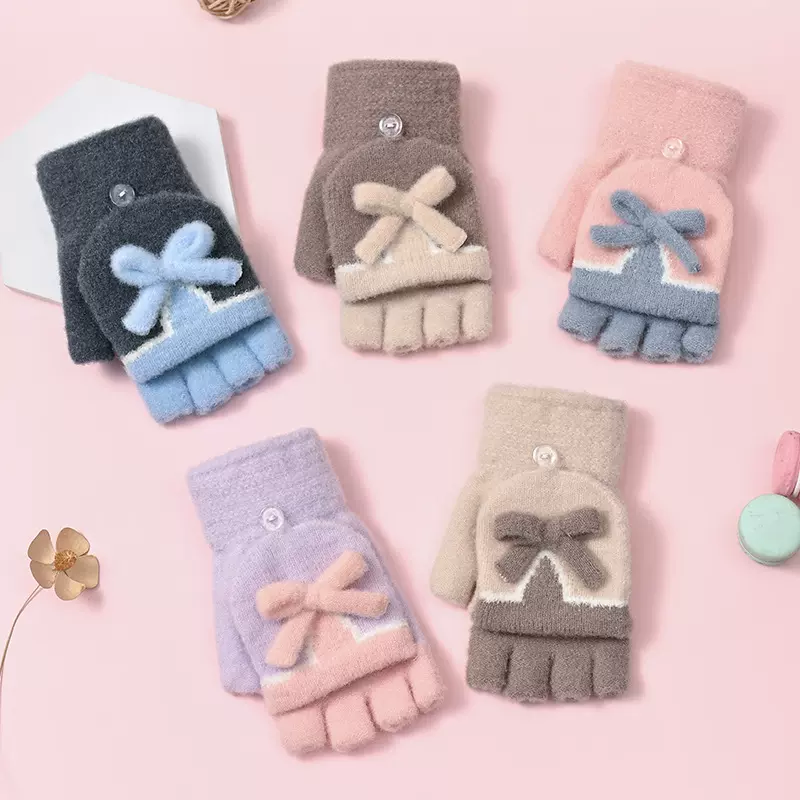 雪花秀新款女士秋冬季女孩翻盖可爱卡通保暖半指露指学生写字手套