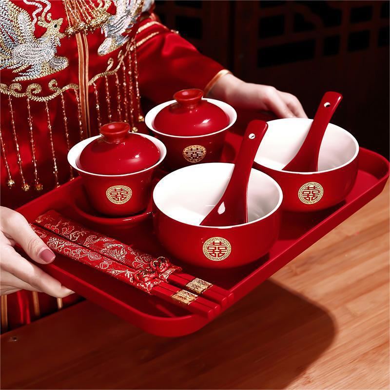 结婚敬茶杯碗筷套装婚礼改口陪嫁红色茶具敬酒喜碗一对婚庆用品|undefined
