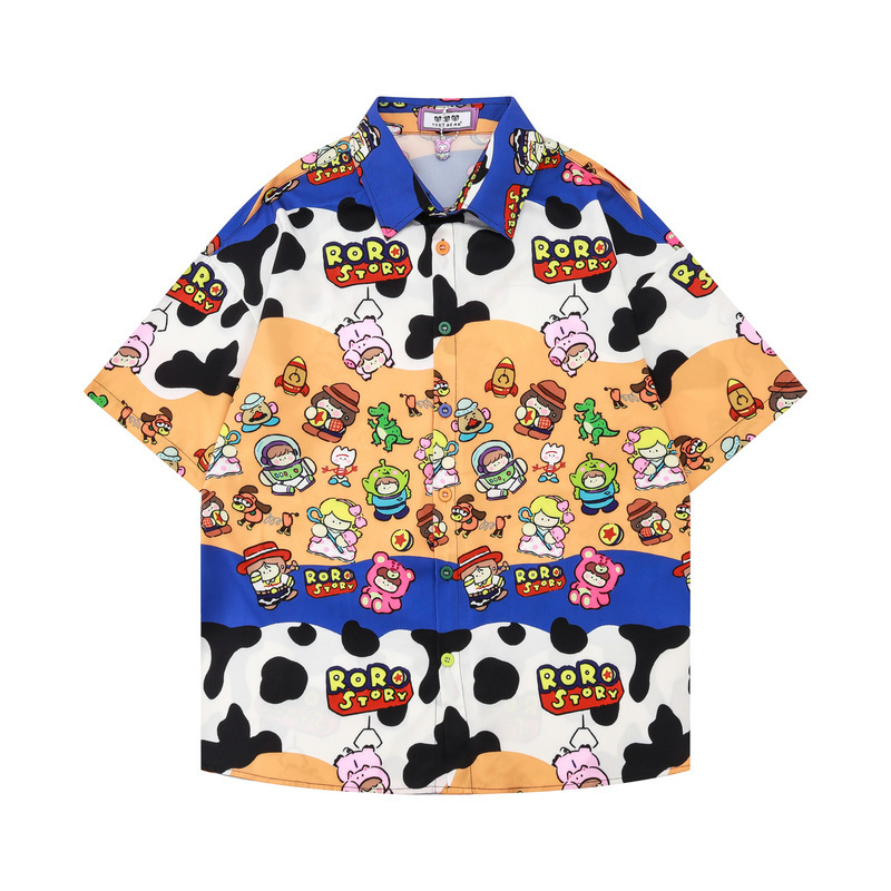 Chao Shen's Casual Cartoon Cow Color-block Short-sleeved Printed Shirt Fun Cute Girl Sweet Loose Cardigan Summer Chao Shen's Casual Cartoon Cow Color-block Short-sleeved Printed Shirt Fun Cute Girl Sweet Loose Cardigan Summer