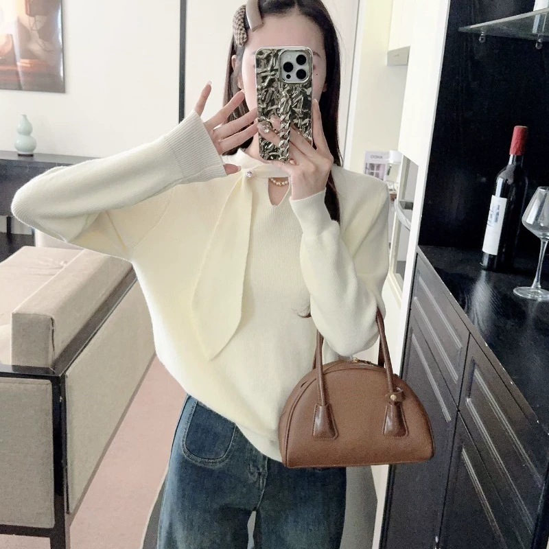 三股安迪绒飘带v领镂空毛衣女春秋内搭打底针织衫独特别致上衣潮|undefined