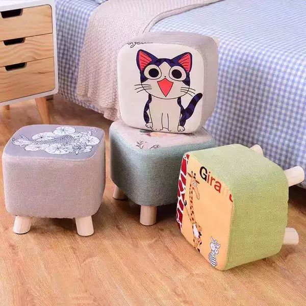 Shoe Changing Stool, Fabric Stool, Small Wooden Stool, Sofa Stool, Cartoon Stool, Household Solid Wood Square Stool, Event Gift Stool