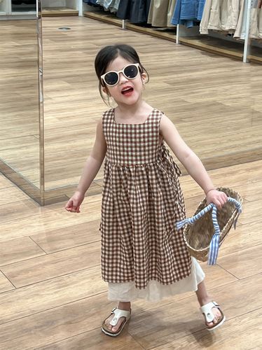 2024 Children's Summer New Arrival Girls' Forest System Literary Collar Strap Checkered Skirt Camisole Strappy Hemming Dress