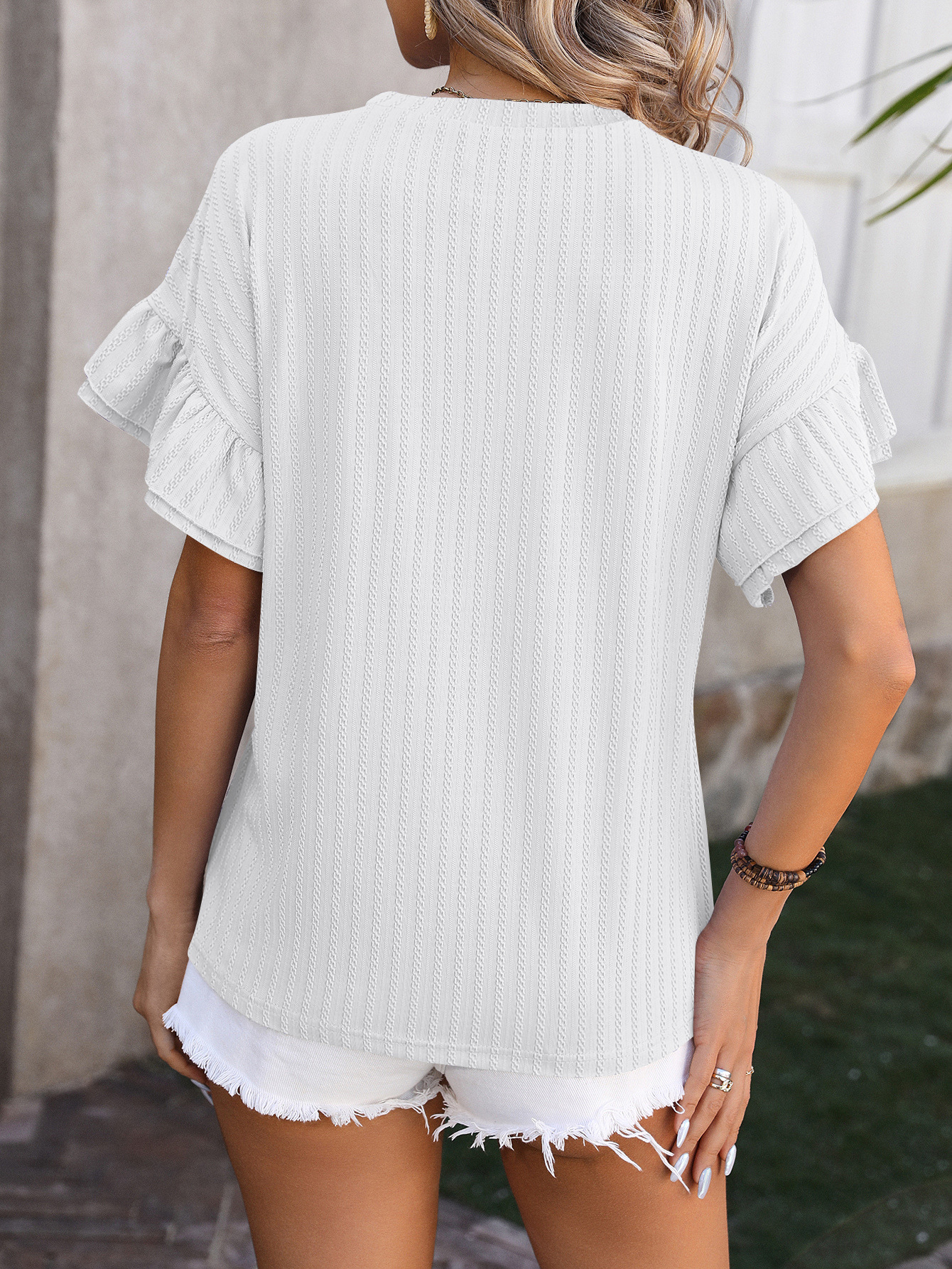 210g Weight Short Sleeve Sleeve Length Pullovers Placket Type Flounce Sleeve Sleeve Type Spandex, Polyester Fabric Type Regular Top Length T-shirt Tops Type Daily Occasion Round Neck Neckline Loose Fit Type Solid Color Pattern Summer, Spring Season Women's Gender Elegant Style Wholesale Women's Elegant Solid Color Short Sleeve T-Shirts 9