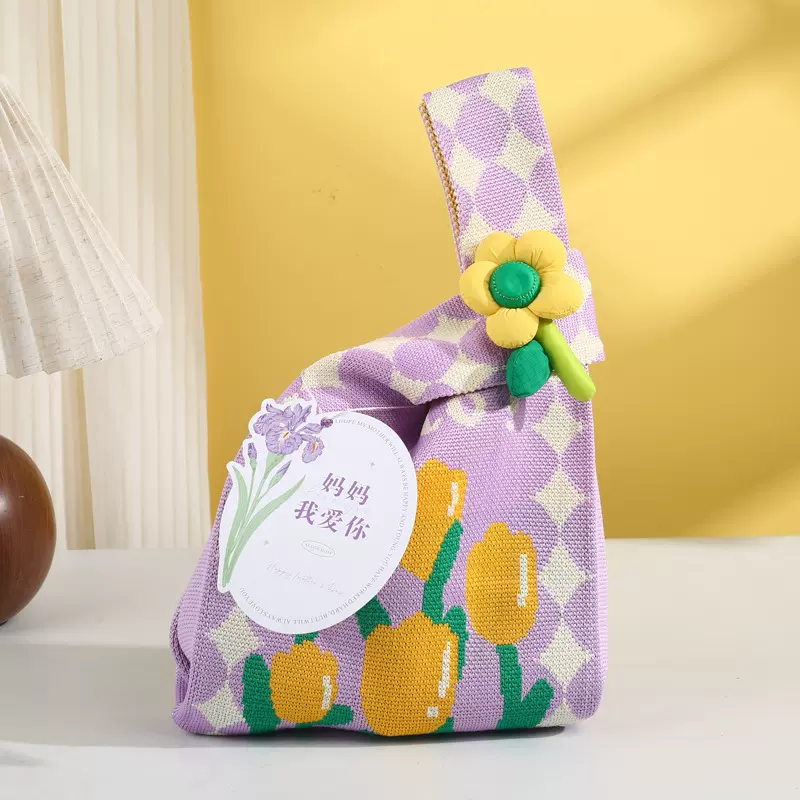 ins韩版新款女手拎针织包潮流紫色小花小众时尚百搭背心包手腕包