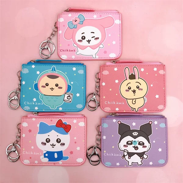 Cartoon Printed Leather Card Holder Chiikawa Card Holder Coin Purse Loose Money Bag Integrated with Keychain Pendant