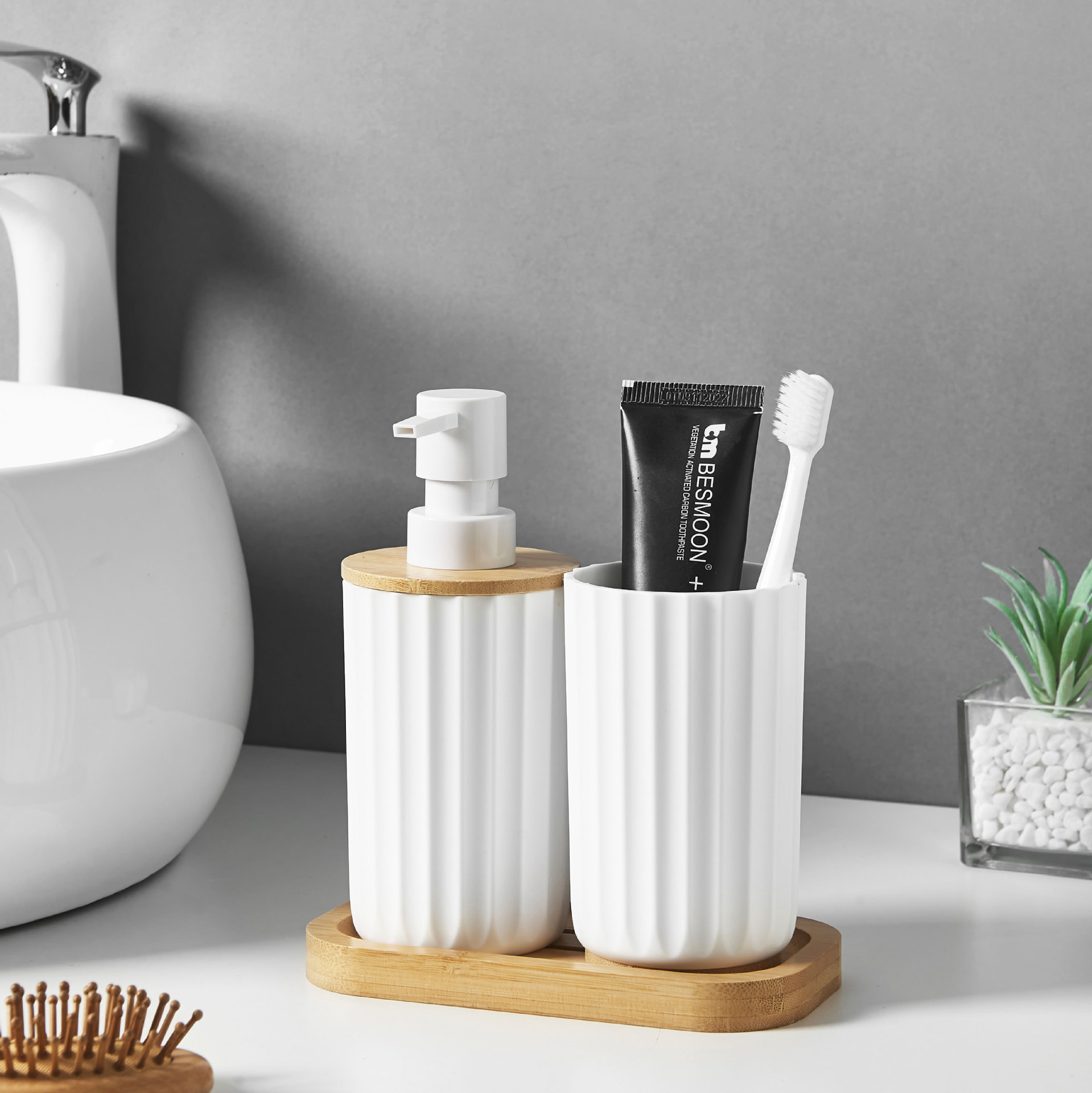 Cubierta de bambú ondas de baño 3 piezas set de artículos de baño enjuague bucal soporte de cepillo de dientes botella de loción de bambú jabon soporte de caja