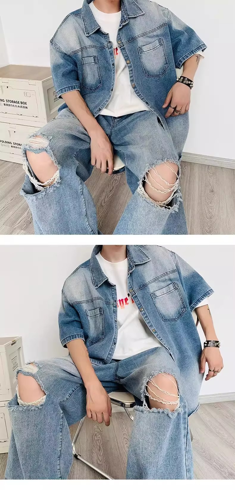 Camicia in denim vintage rétro e jeans strappati da uomo_voghion.com