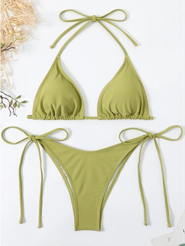 Solid color lace-up back bikini set
