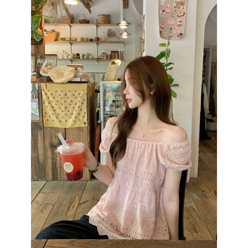 Real Shot of French Lace Jacquard Square-Neck Doll Shirt for Women, Sweet and Youthful Vibe, Puff Sleeve Blouse 10960