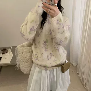 正版~韩系2026秋新款花卉羊毛拉毛圆领针织衫女百搭显瘦软糯毛衣