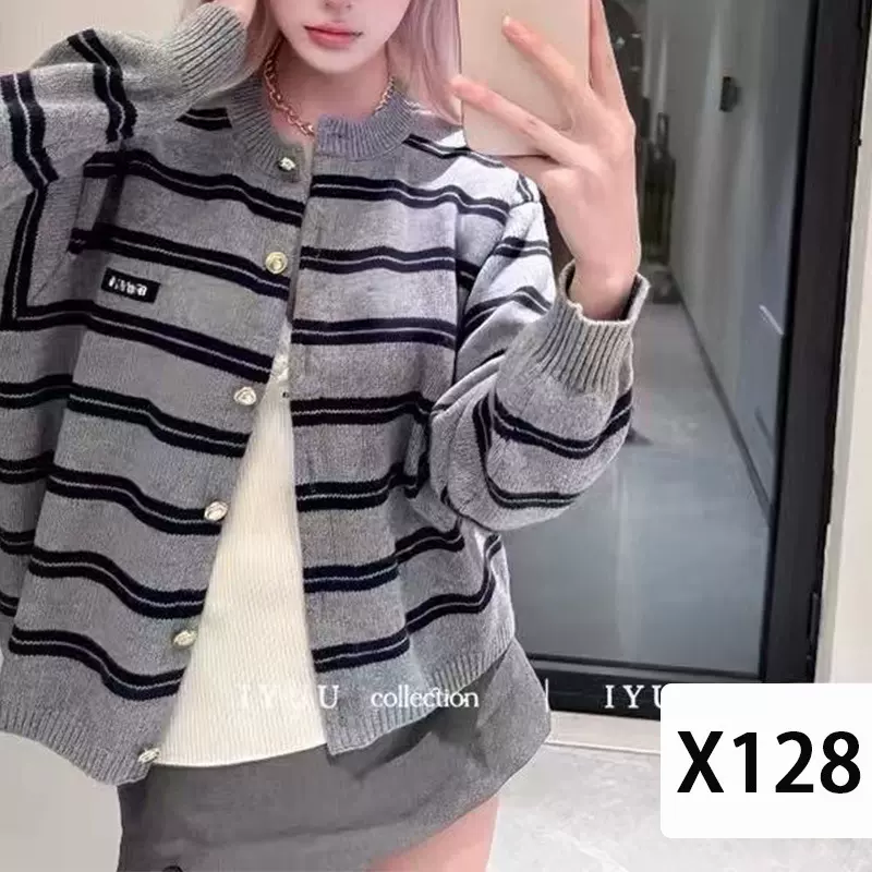 韩版宽松撞色条纹单排扣秋冬季新款长袖毛衣女装针织毛织开衫工厂