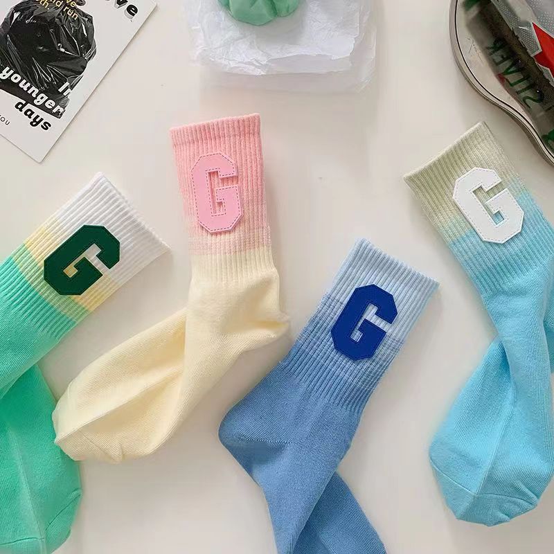 Tie-dye Gradient Letter Leather Label G Socks Women's Mid-barrel Spring Summer Autumn Mori Sweet All-match Candy Color Women's Socks