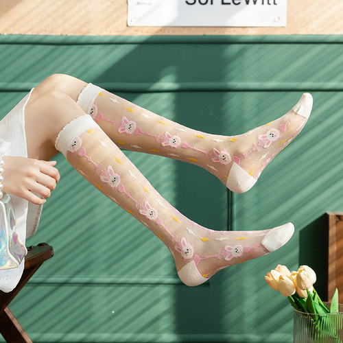 Socks for women ins trendy thin calf socks net celebrity jk strawberry transparent glass crystal cassette knee-high stockings