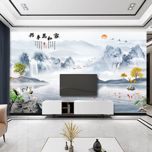 新中式山水画电视背景墙壁布3d立体墙布影视墙壁画装饰8d新款壁纸-阿里巴巴