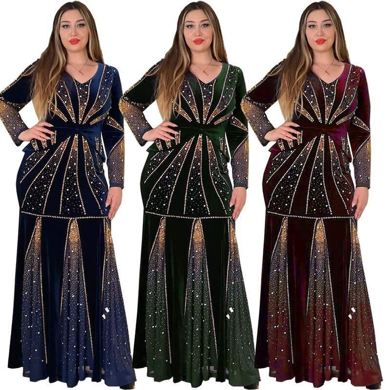 Cross-border source 2024 new temperament commuter flannel stitching waist rhinestone hip fishtail dress Cross-border source 2024 new temperament commuter flannel stitching waist rhinestone hip fishtail dress