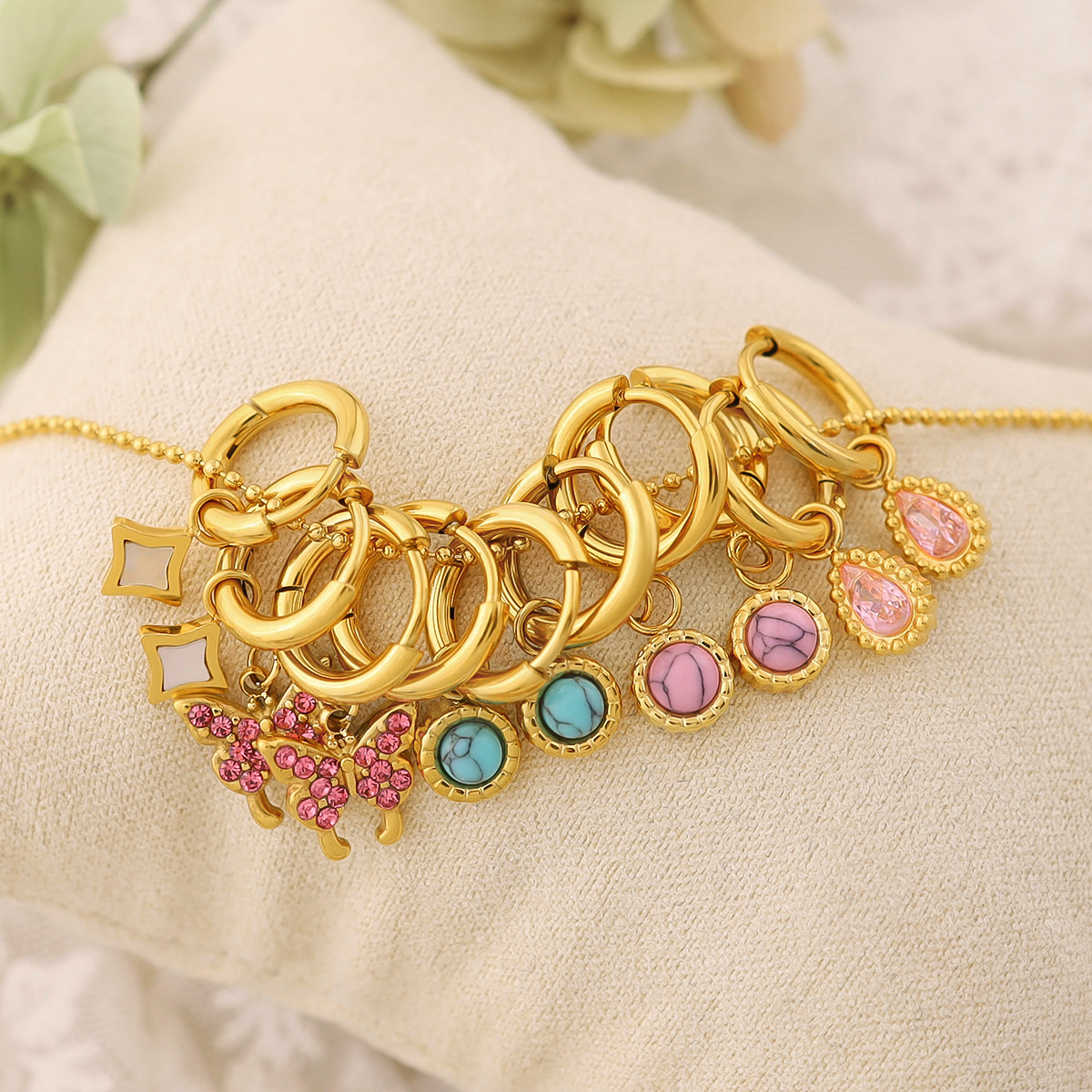 European and American Style Natural Stone Pendant Ear Buckle Women's Geometric Vintage Rainbow Butterfly Earrings High-grade Earrings