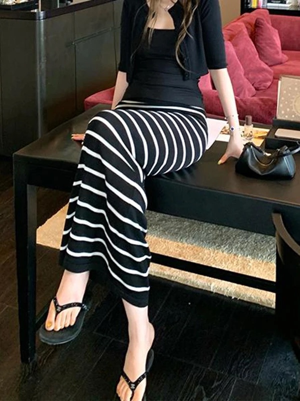 慵懒感条纹撞色休闲长裙女夏新款气质高腰修身显瘦百搭半身裙春秋|undefined