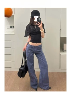 美式复古法工蓝低腰微喇牛仔裤女2026秋季新款宽松显瘦垂感直筒裤
