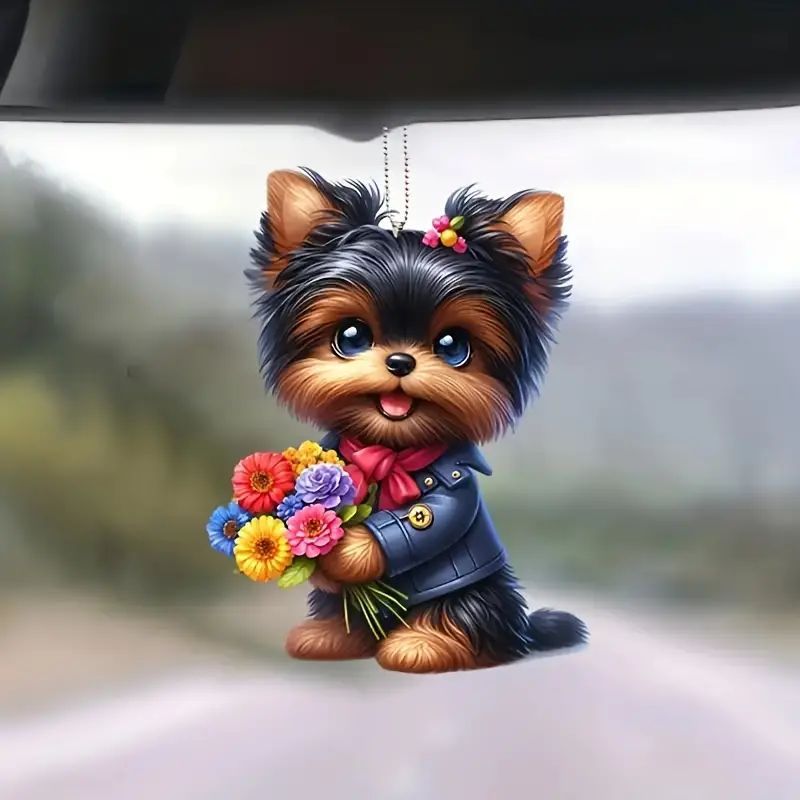 Nuevos productos creativos flores guapo perro fiestas colgante acrílico plano transfronterizo espejo retrovisor interior colgante image 3