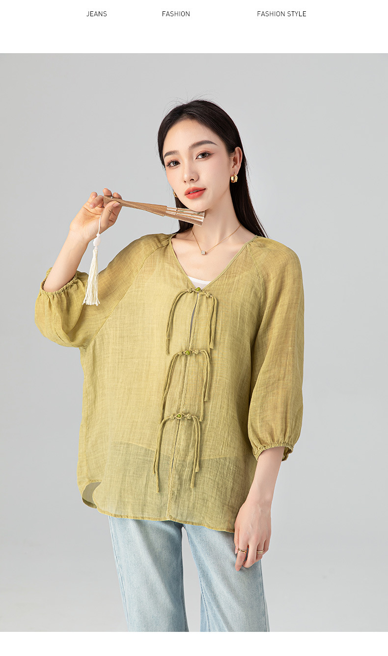 Áo sơ mi chống nắng dáng rộng phong cách Trung Quốc mới vải gai Tencel nữ mùa hè — Màu trà ngọt ngào chi tiết 21