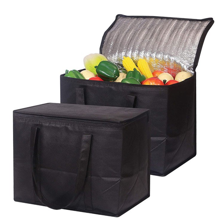 En stock suministro Amazon tela no tejida larga bolsa de aislamiento de papel de aluminio portátil caja de almuerzo bolsa de hielo paquete caliente almuerzo picnic