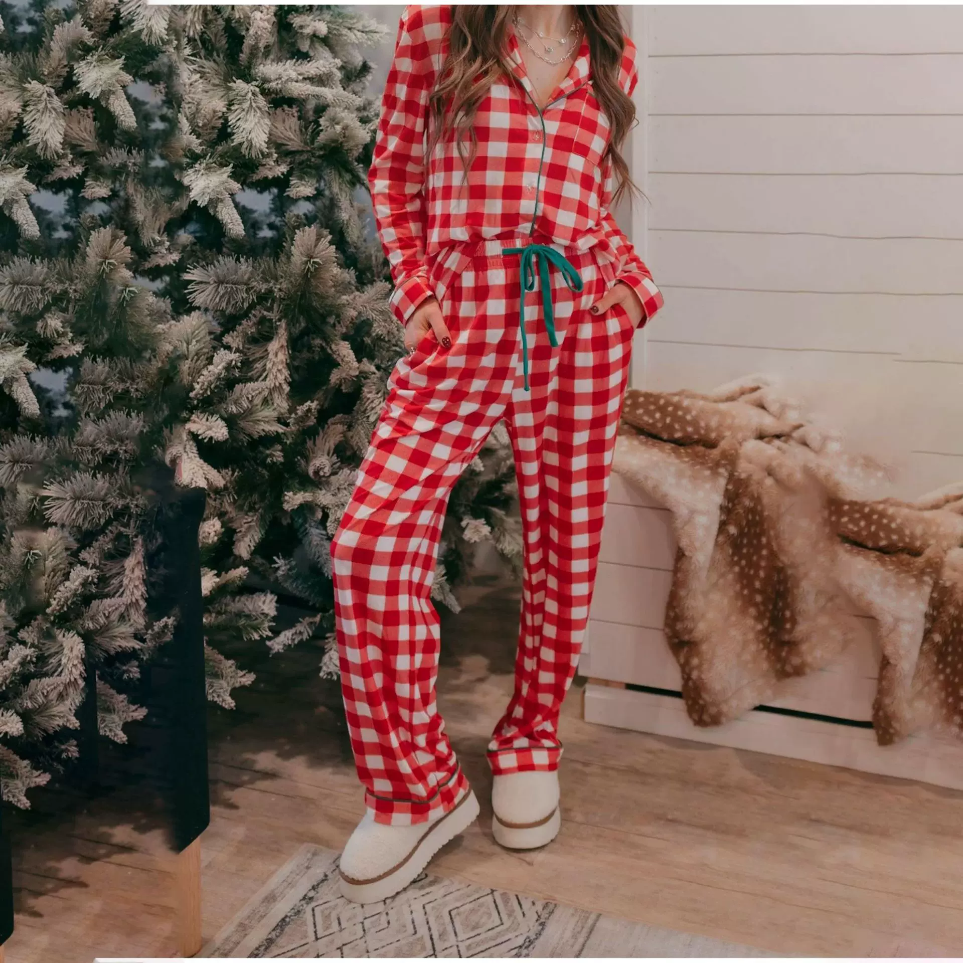 欧美 跨境女士秋冬季卡通格纹长袖长裤居家室内 休闲睡衣睡裤套装