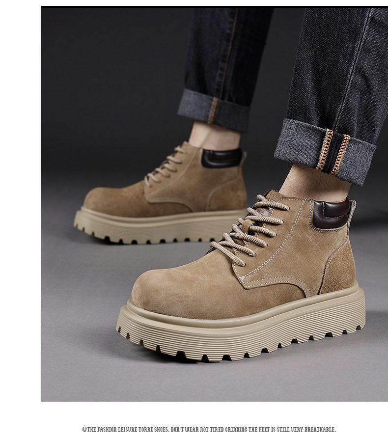 Giày bốt Martin nam da lộn đế dày tăng chiều cao, bốt cổ trung đi phượt — 76928 kaki chi tiết 13