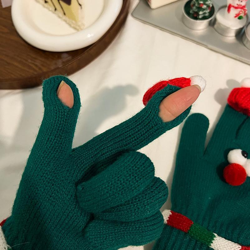 겨울 학생 새해 크리스마스 빨간 손가락 없는 장갑 여성용 귀여운 눈 커플 두꺼운 라이딩 따뜻한 터치 스크린