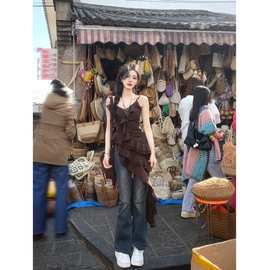 夏季绝美吊带连衣裙小众设计感别致V领荷叶边斜下摆仙女裙小个子