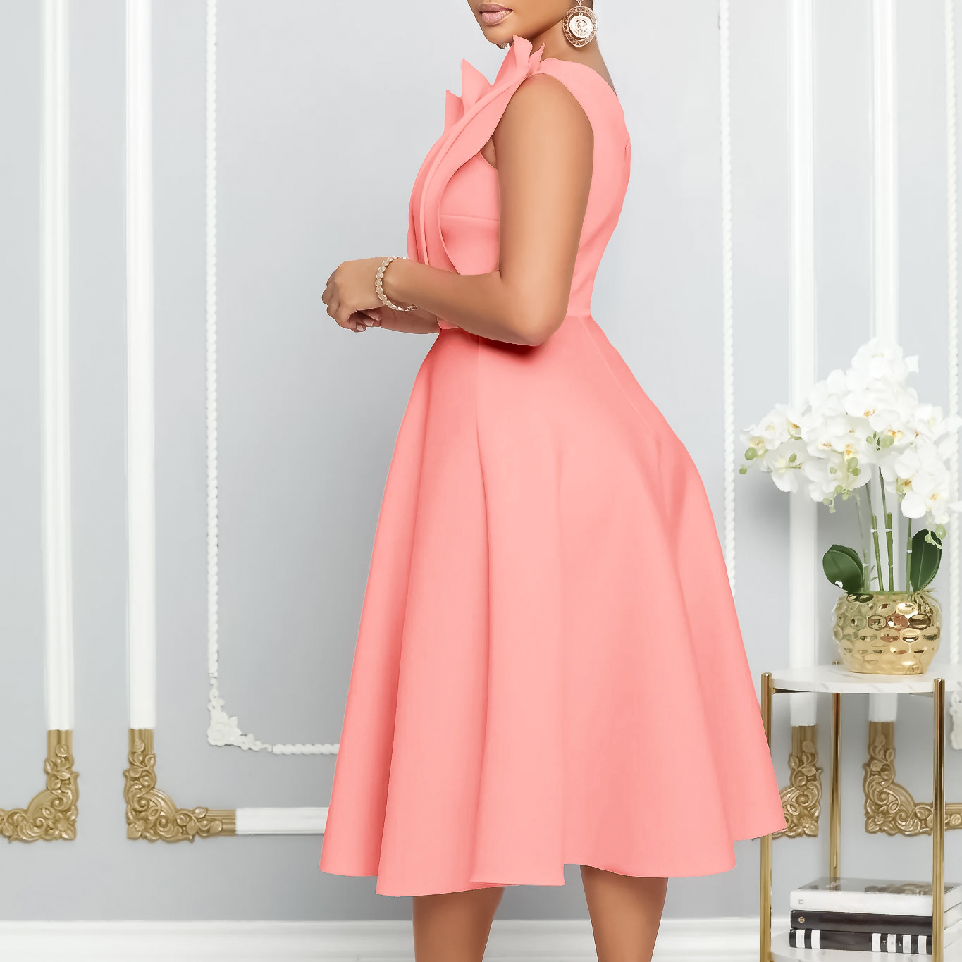 D3200 Plus Size Women's Summer Sexy Asymmetrical Neckline Ruched High Waist Party Evening Cross-border Dress_ecoleips.com