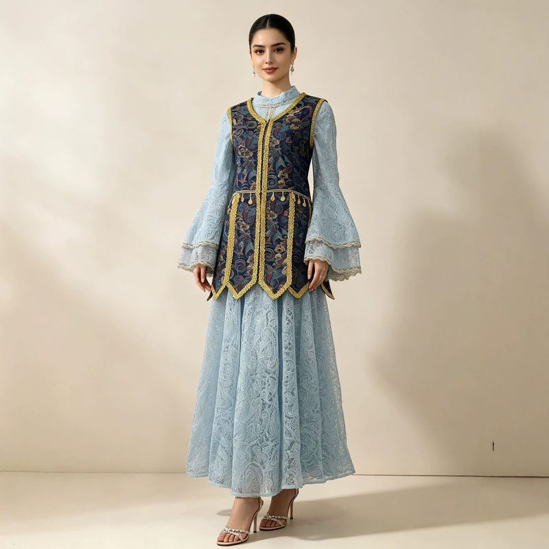 Heavy Embroidery Lace Dress with Vest, Western Princess Photo Shoot Outfit, Ethnic Style Embroidered Vest and Long Dress, Elegant