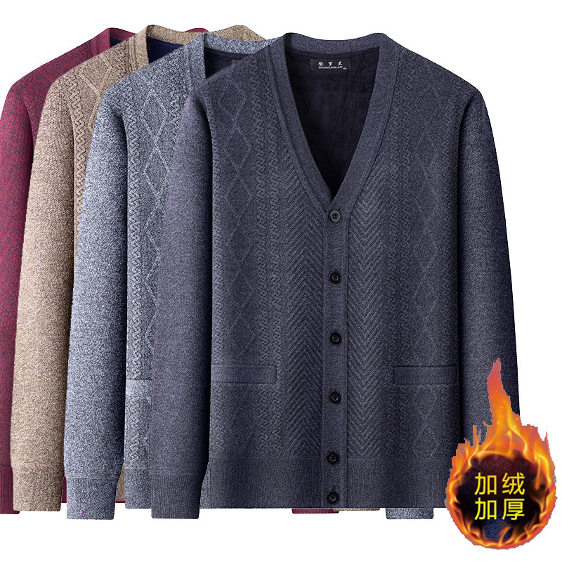 Men's Sweater Cardigan Middle-aged and Elderly Autumn and Winter Dad fleece-lined Thickened Knitted Sweater Knitted Top Grandpa Warm Jacket