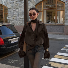 俄罗斯女装2025新款围脖喇叭袖宽松衬衣女气质百搭翻领缎面衬衫