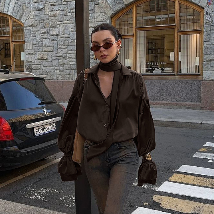 Russian Women's 2025 New Style Bib Bell Sleeve Loose Shirt Women's Elegant All-match Lapel Satin Shirt