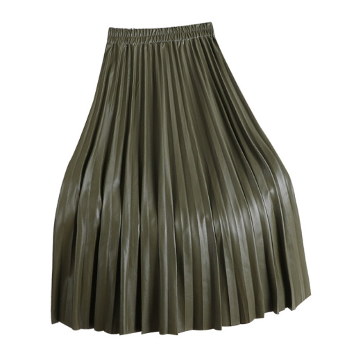 Pressed pleated lengthened leather skirt  autumn and winter new Korean version slimming elastic high-waisted a-line pleated PU leather skirt for women