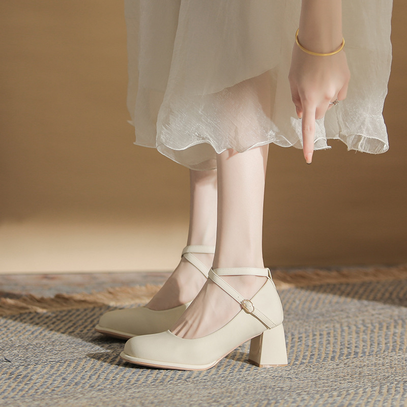 Jin Gang CG6005 French Mary Jane Shoes Women's 2024 New Cross Buckle High Heels Thick Heel Vintage Single Shoes