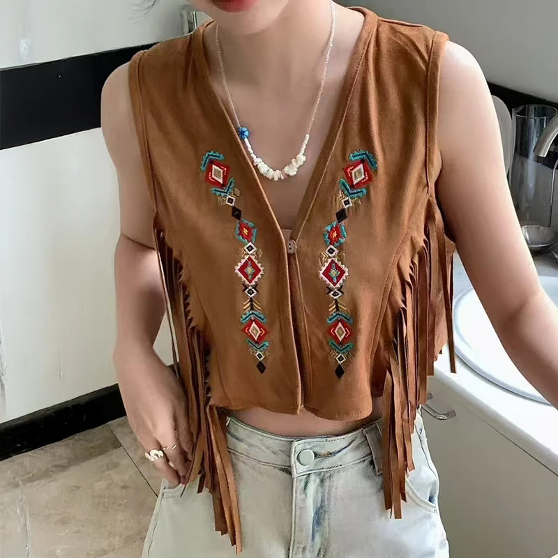 Women's Tassel Suede Vest with Geometric Embroidery, Sleeveless Vest Top, Beach Retro Bohemian Style Outfit