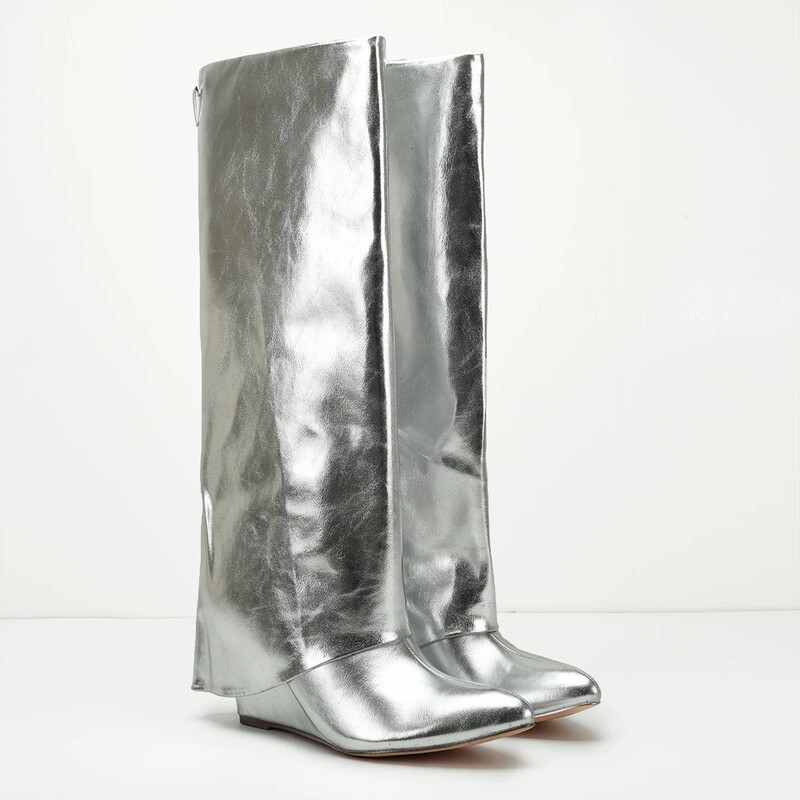 Original foreign trade overstock, plus size 4142, height-enhancing silver wedge heel boots with long leg sleeves for women