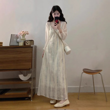 2025新款法式蕾丝刺绣扎染吊带连衣裙2025夏大码胖mm雪纺防晒外搭