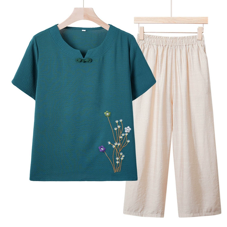 Весенний и летний набор с короткими рукавами бежевые широкие брюки 2024 новый спортивный свободный легкий легкий легкий с круглым вырезом футболка рубашка брюки