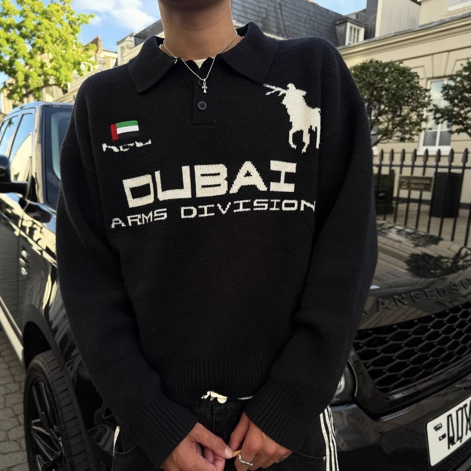 Suéter de punto negro retro americano transfronterizo europeo y americano, suéter suelto de manga larga con cuello de polo para hombre con letras pesadas