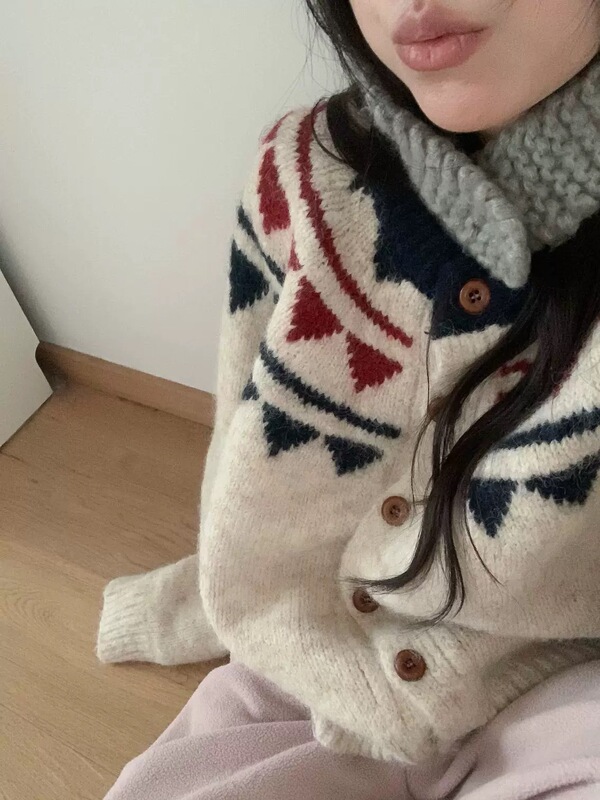 复古提花费尔岛圆领针织开衫女秋冬新款宽松慵懒软糯百搭毛衣外套|undefined