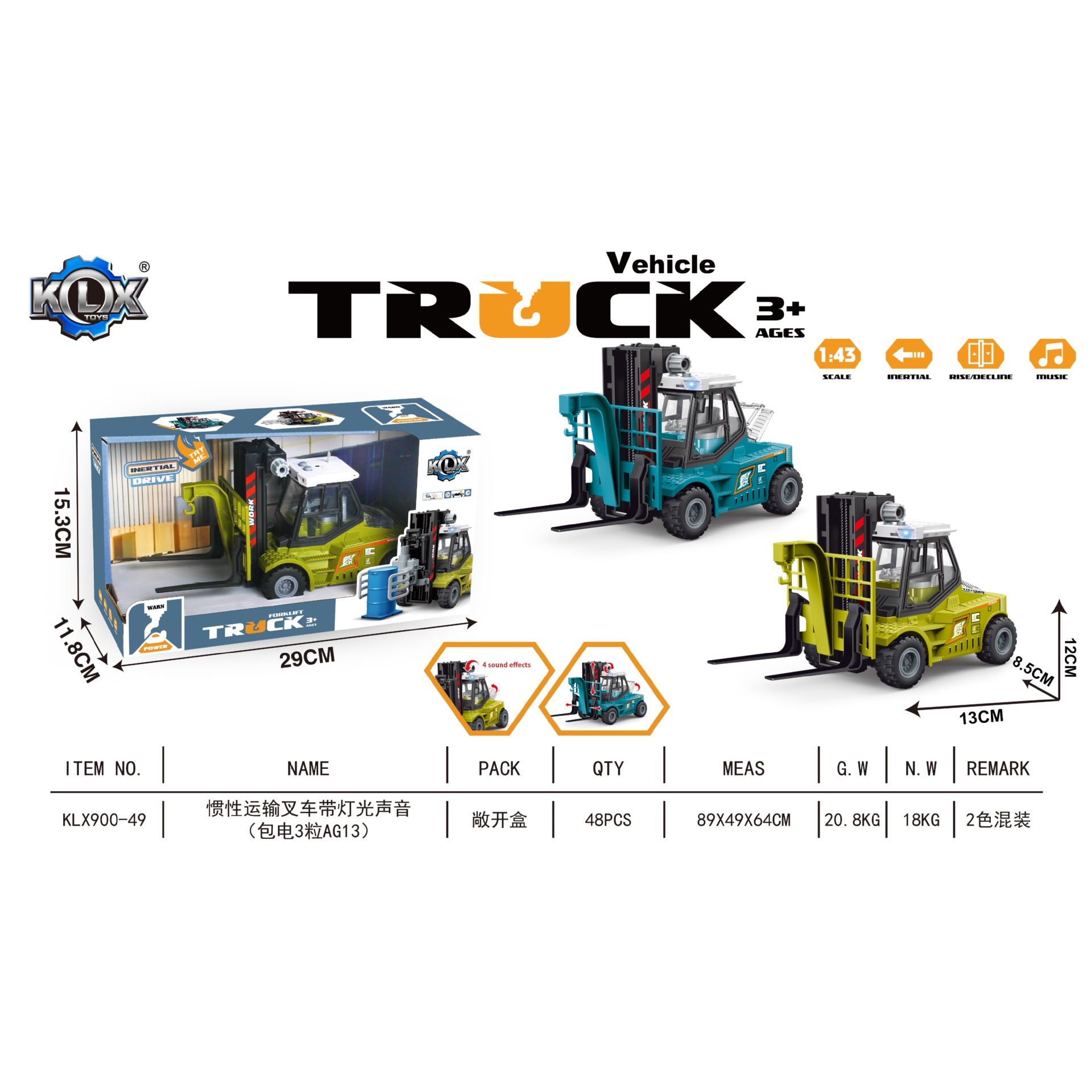 KL900-49 inercia cuentacuentos niño modelo de coche de juguete Kaili carta carretilla elevadora remolque ingeniería coche música