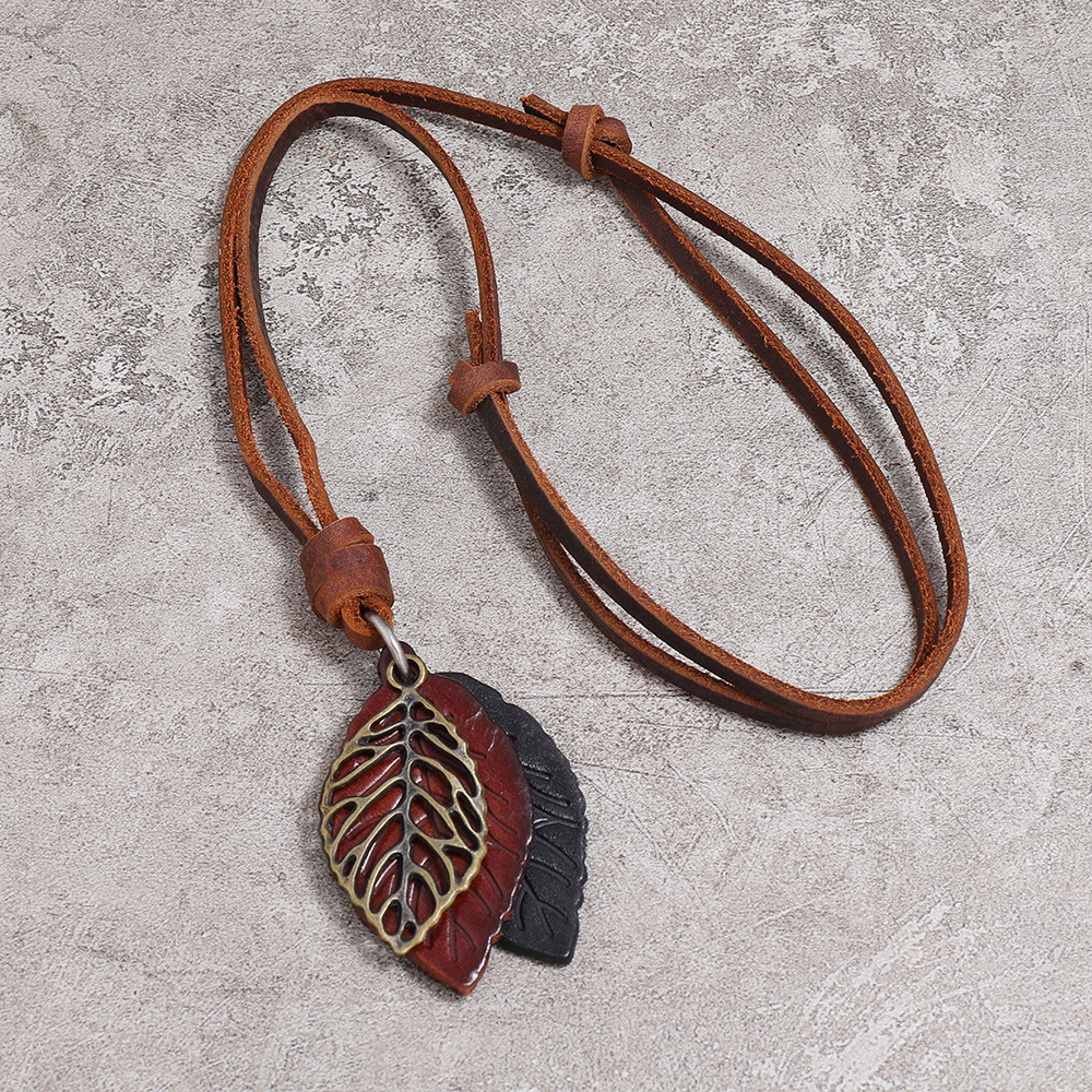 fashion retro leaf pendant leather necklace
