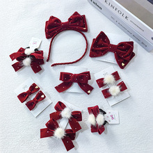 新款高级感暗红蝴蝶结发卡丝绒烫金布艺头饰小女孩发夹发圈可爱