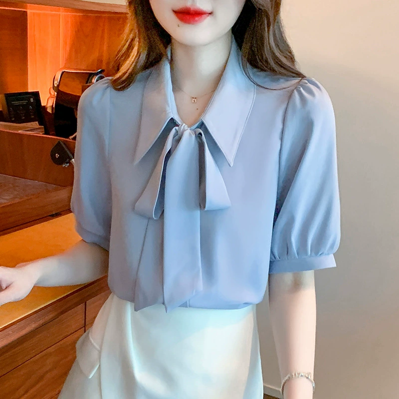 2024 Летний дым синий шифоновая рубашка с короткими рукавами