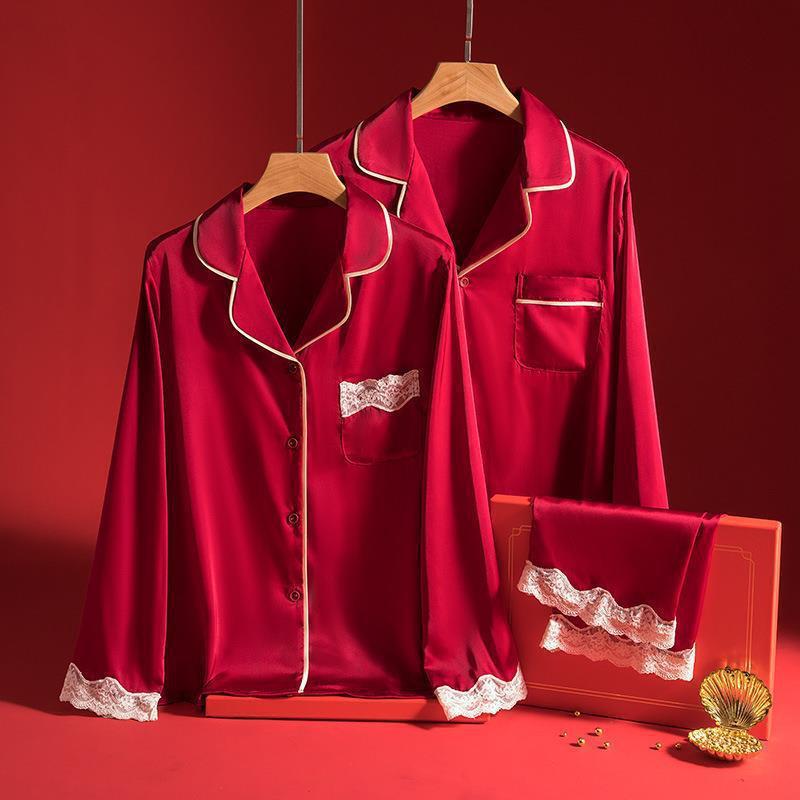 Wedding Newlywed Couple Pajamas Autumn and Winter Ice Silk Women's High-end Sense Red Life Year Men's Wedding Home Clothes Wedding Newlywed Couple Pajamas Autumn and Winter Ice Silk Women's High-end Sense Red Life Year Men's Wedding Home Clothes